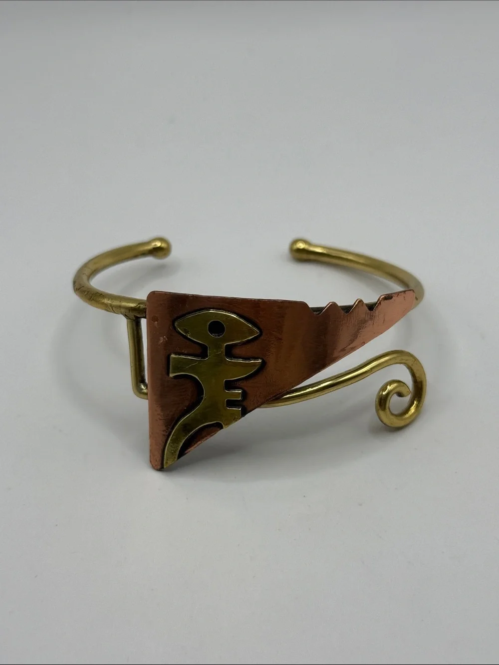 Vintage Mexican Artisan Copper Gold Tone Bangle Cuff Statement Bracelet
